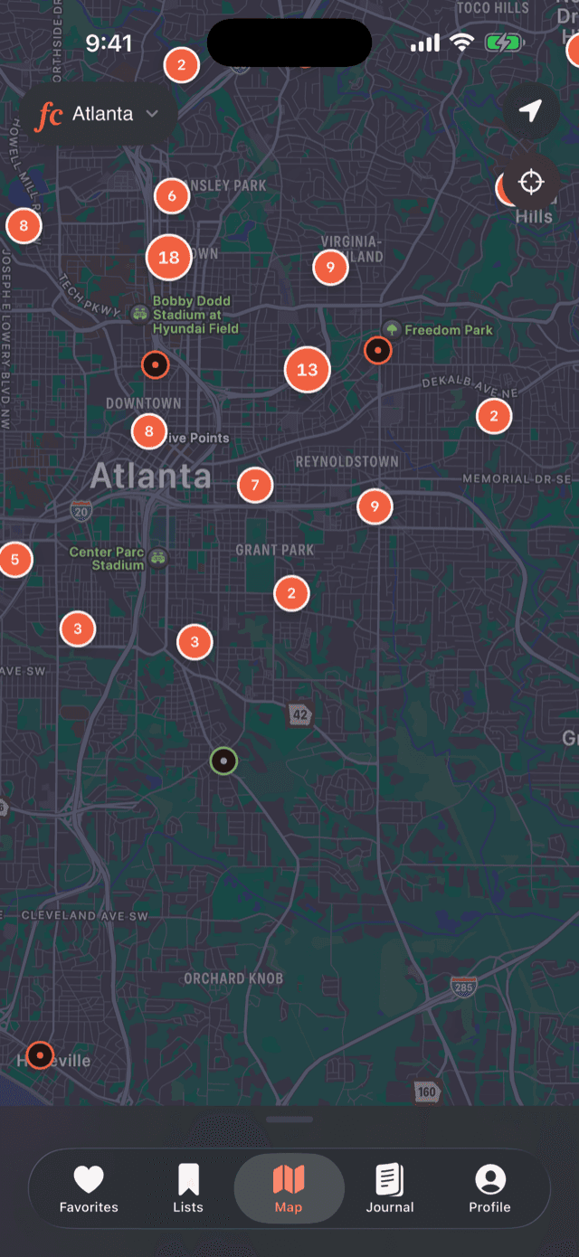 First Crack iOS app — Atlanta map with clustered coffee-shop pins