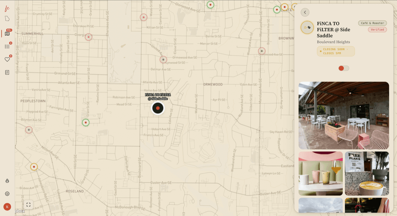 First Crack web app — Atlanta map with a place detail panel